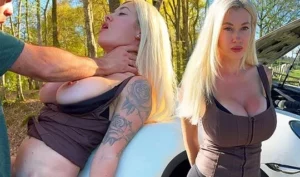 A blonde with big tits in nature near a car exposes her cap for sex - MyPornerLeak